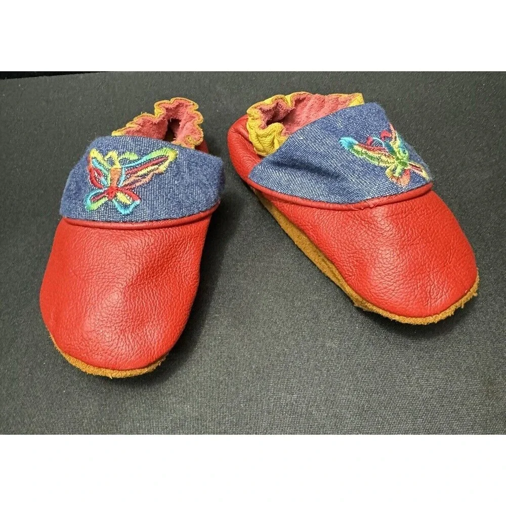 Mini-Mocs Infant Moccasin Shoes 12-18 Months Y2K Butterfly Leather Red + Denim